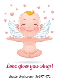 St. Valentine's card. Vector illustration with happy baby cupid. Isolated on white background. 
