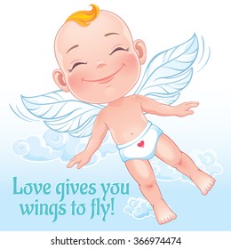 St. Valentine's Card - Vector illustration with flying happy baby cupid 