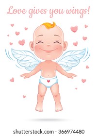 St. Valentine's card. Vector illustration with happy baby cupid. Isolated on white background. 