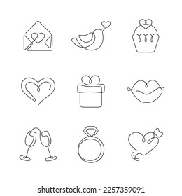 St. Valentines Day artistic style continuous line icons. Editable stroke.