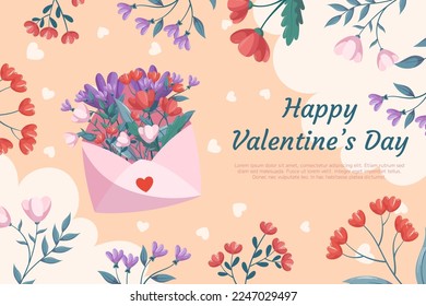 St. Valentine's Day background design with pink open envelop red flowers with green leaves on beige backdrop. Concept with decorative clouds and hearts on the back, floral frame around