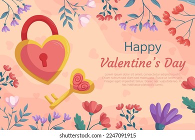 St. Valentine's Day background design with Lock and key in heart shape, gold and pink color with floral frame. Greeting card, decorative hearts on the back