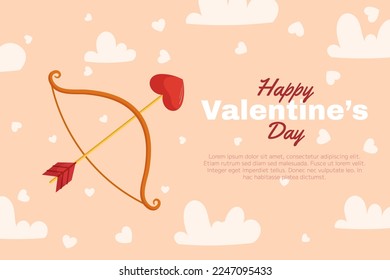 St. Valentine's Day background design with Bow and arrow with a heart-shaped arrowhead, clouds and heart around on beige back. Greeting card