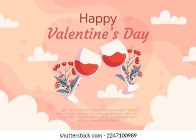 Diseño de fondo del Día de San Valentín con dos copas de vino con flores detrás sobre los tonos blancos de fondo beige. Tarjeta de felicitación