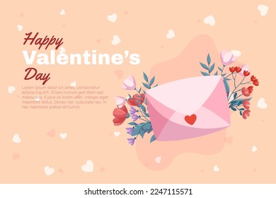 Diseño de fondo del Día de San Valentín con cubierta cerrada rosada, flores rojas y rosas hojas verdes en el fondo beige. Tarjeta de felicitación

