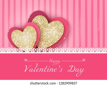 St. Valentine's Day background with realistic paper cut hearts and glittering gold. Web banner, greeting card, wallpaper, poster, invitation vector template. Mother's and woman day design.