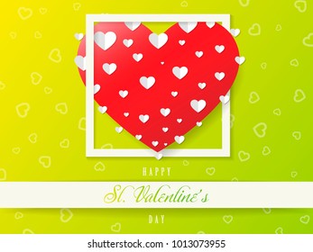 St. Valentines Day, Big pink heart in white border greeting card, colorful green design, vector illustration