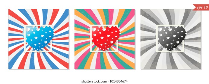 St. Valentines Day, Big retro hearts greeting card set number 2, colorful designs, vector illustration