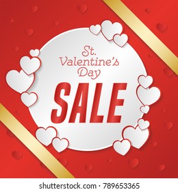 St. Valentine's Day big sale banner. Composition with hearts, gold strip and briight point. Vector illustration.