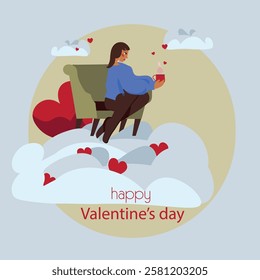 St Valentine's day Card banner, background for sales, social media, promotion. Woman with a coffee cup. Strong independent girl. 