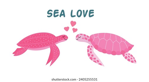 St Valentine's day card with  cartoon sea turtles in love vector illustration