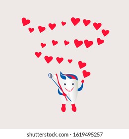 St. Valentine's Day card with funny little tooth.Vector illustration modern flat cartoon character,on an isolated grey background.For dental clinic, for printing on a card, sticker, poster,banner