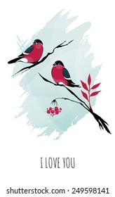 St. Valentine's Day Card. Outline Winter Birds on Branches Ink on Watercolor Style.