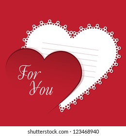 St. Valentine's Day. Card with red heart on red Background. Taken white card for text. Grouped for easy editing. Perfect for invitations or announcements.