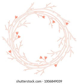 St Valentine's Day card with round frame from tree branches and hearts. Soft pink color frame for valentines design. Vector illustration isolated on white background