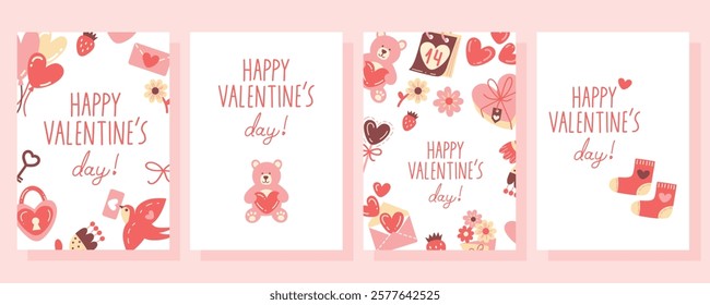 St valentines day card set. Love hearts, sweets, balloons, teddy bear and other romantic symbols. Vector illustration in flat style.