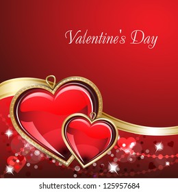 St. Valentine's Day. Card with two glass red and gold hearts on wonderful Background with gold ribbon. Grouped for easy editing. Perfect for invitations or announcements.