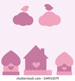 St Valentine`s day card with two birds sitting on clouds and three houses