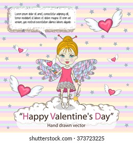 St. Valentines Day card for your design messages,text,copyspace,textspace talking bubble Cute little fairy standing on a cloud with flying around pink hearts on a striped background Banner 