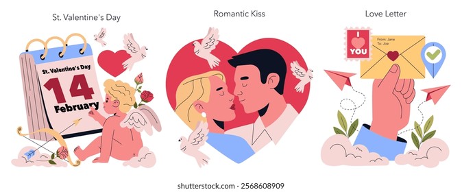 St. Valentine's Day celebration set. Features a calendar marking February 14, a romantic kiss between a couple, and a love letter in hand. Represents love, affection, and heartfelt expressions. Vector