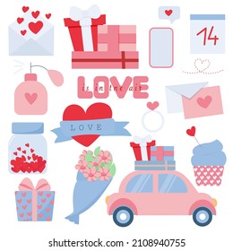 St. Valentine's Day collection of cute elements. Valentine's Day set with heart and other elements on a white background. Vector flat Illustration.