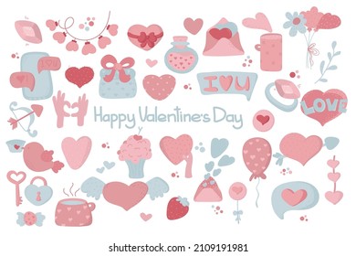St. Valentine's Day collection of cute elements.. Love clipart. Many various romantic objects. hand drawn elements about love. Valentine's day collection of cute elements