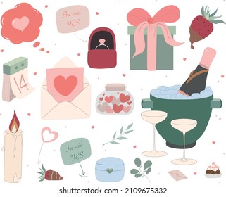 St. Valentine's Day collection of cute elements. Hearts and love. Isolated a white background. Hand drawn vector illustration. 