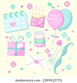 St. Valentine's Day collection of sweet elements. delicate colors, simple background, vector illustration, February 14