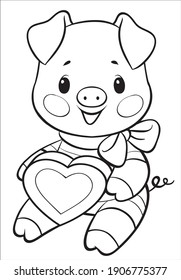 St. Valentine's Day Coloring page design. Cartoon Vector Illustration.  Piglet with heart isolated on white background. A4. 