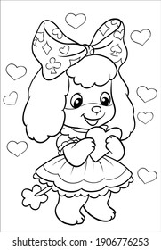 St. Valentine's Day Coloring page design. Cartoon Vector Illustration. Poodle girl with heart. Isolated on white background. A4. 