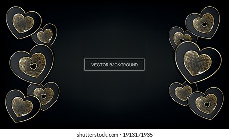 St. Valentine's day concept. Luxury black background with jewelry hearts. Vector 10 EPS
