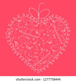   St. Valentine's Day. Cute greeting card with openwork frame and linear patterns of hearts, birds, wings, hand lettering. Isolated vector.