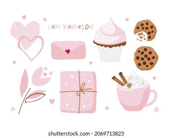 St. Valentine's Day decorative elements and Happy Valentine's Day text. Baking, hot drink, hearts, gift, envelope, flower. Romantic illustrations set on white background. Love day vector cliparts.