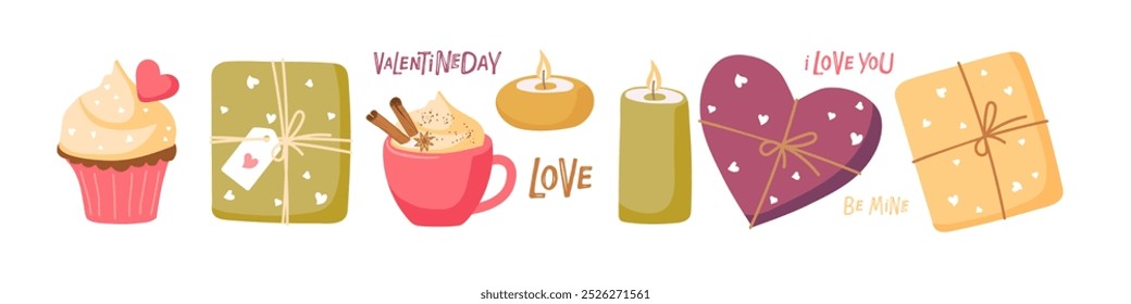 St. Valentine's Day decorative elements and handwritten inscriptions. Candles, gifts, delicious drink and cupcake. Vector Romantic illustration on white background. Love day decor