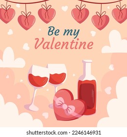 St. Valentines Day design with Bottle and two glass of wine, box with chocolatte in heart shape with ribbon, hearts garland on top. Greeting card, square social media post template