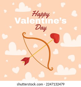 St. Valentine's Day design with Bow and arrow with a heart-shaped arrowhead, clouds and heart around on beige back. Greeting card, square social media post template