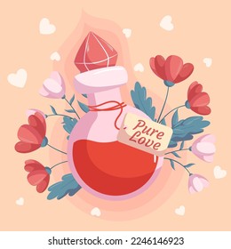 St. Valentines Day design with Love potion bottle concept illustration with red and pink flowers behind it on beige backdrop. Greeting card