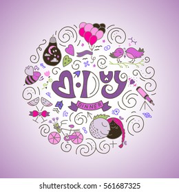St. Valentines Day DINNER. Romantic vector typography. Lettering made by hand. Hand drawn illustration for postcard, save the date card, romantic housewarming poster.
