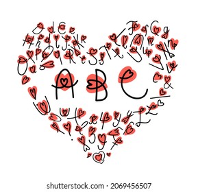 St. Valentines day Doodle ABC alphabet with hearts, letters, numbers, symbols. Hand written decorative vector script font for greeting cards, stickers, scrapbooking, postcards, logo, typografic design