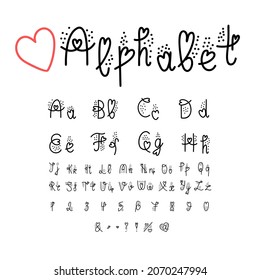 St. Valentines day Doodle ABC alphabet with hearts - letters, numbers, symbols. Hand written decorative vector script font for greeting cards, sticker print, postcards, graphic logo, typografic design