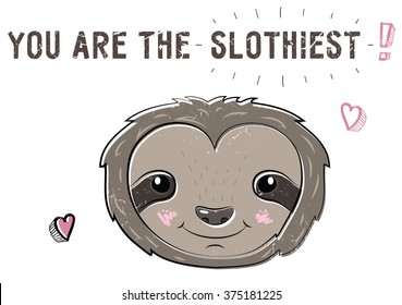 St. Valentine's Day doodle cute sloth lazy cartoon postcard to make a declaration of love