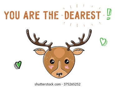 St. Valentine's Day doodle cute dear deer cartoon postcard to make a declaration of love