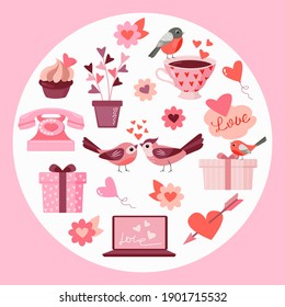 St. Valentine's Day. Elements arranged in a circle. Design for a postcard, a poster.