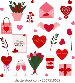 St. Valentine's Day elements collection. Different romantic objects. Hearts, balloons, presents, candy, floral bouquets, hot coffee and others traditional decorations. Vector illustration