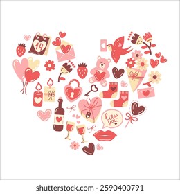 St valentines day elements heart. Love hearts, sweets, balloons, teddy bear and other romantic symbols. Vector illustration in flat style.