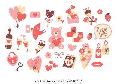 St valentines day elements. Love hearts, sweets, balloons, teddy bear and other romantic symbols. Vector illustration in flat style.