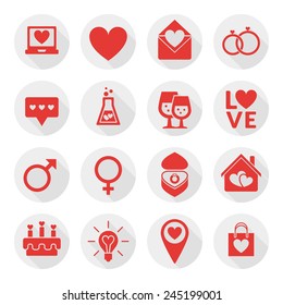 St. Valentine's day flat design icon set. Love, wedding or dating romantic symbols. Heart, rings, love letters, gift
