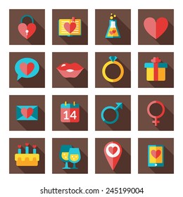 St. Valentine's day flat design icon set. Love, wedding or dating romantic symbols. Heart, rings, love letters, gift