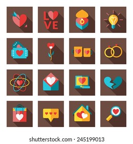 St. Valentine's day flat design icon set. Love, wedding or dating romantic symbols. Heart, rings, love letters, gift