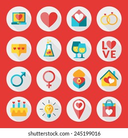 St. Valentine's day flat design icon set. Love, wedding or dating romantic symbols. Heart, rings, love letters, gift